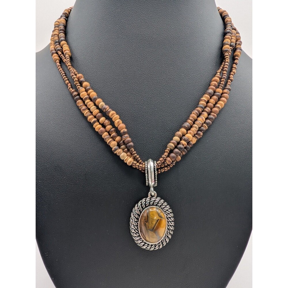 Vintage Avon Tiger's Eye Pendant Necklace Multi Strand Wood Bead Silver Tone...